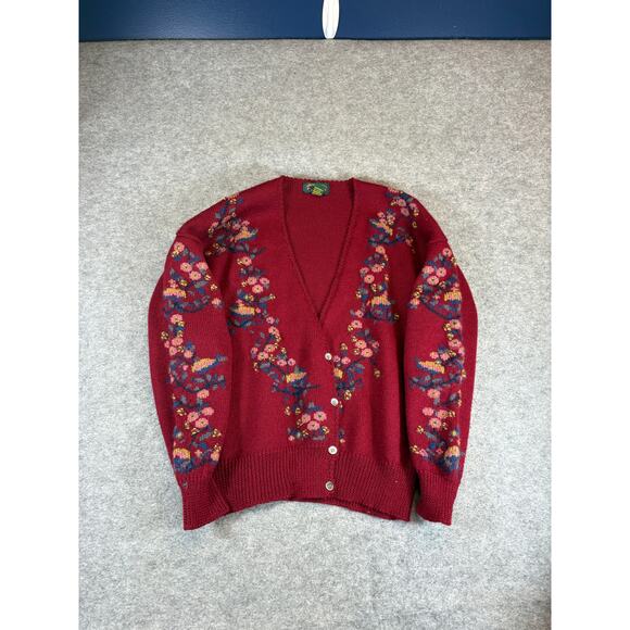 VTG Charter Club Petites Wool Floral Cardigan Womens Large Red Cottagecore 90s - Picture 8 of 10